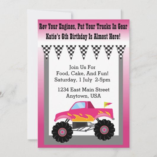 Girls Pink Monster Truck Party Einladung (Vorderseite)