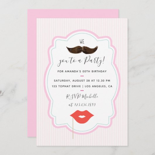 Girls Pink Mustache Party Einladung (Vorne/Hinten)
