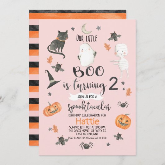 Girls Pink Orange Grey Halloween Geburtstag Einladung (Vorne/Hinten)