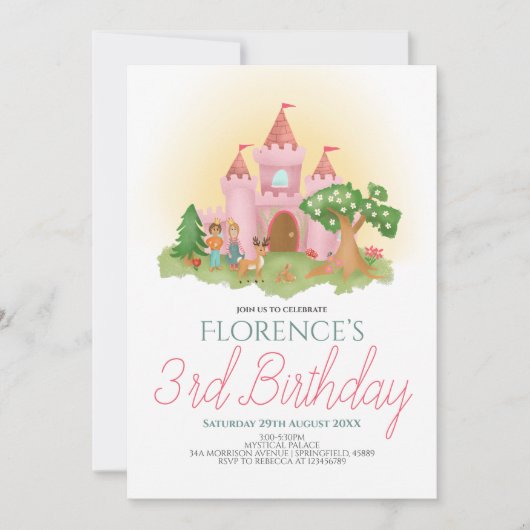 Girls Pink Princess Fairytale Kindergeburtstag Einladung (Vorderseite)