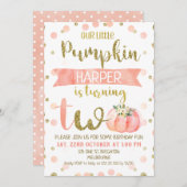Girls Pink Pumpkin Zweiter Geburtstag Einladung (Vorne/Hinten)