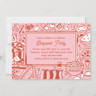 Girls Pink Red Sleepover Geburtstagsparty Einladung