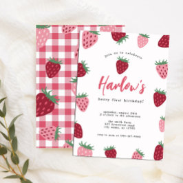 Girl's Pink & Red Strawberry Berry erster Geburtst Einladung