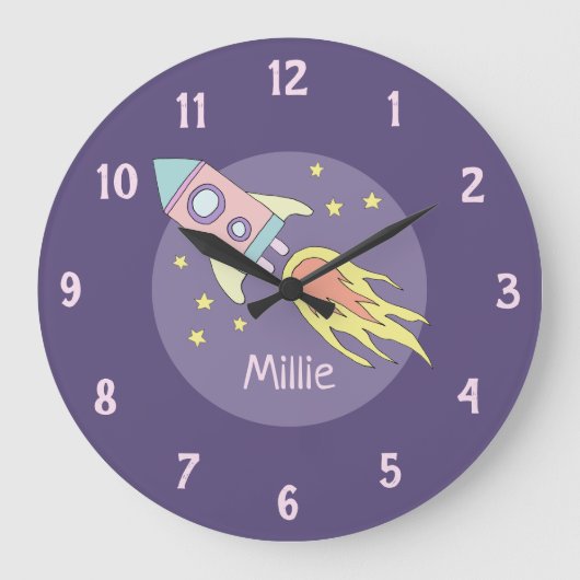 Girl's Pink Rocket Ship Space and Name Kinderzimme Große Wanduhr (Vorderseite)