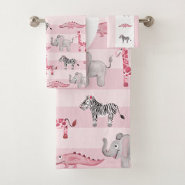 Girl's Pink Safari Tiermuster & Name Kids Badhandtuch Set