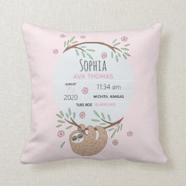 Girls Pink Sleeping Sloth Birth Stats Kinderzimmer Kissen