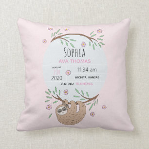 Girls Pink Sleeping Sloth Birth Stats Kinderzimmer Kissen