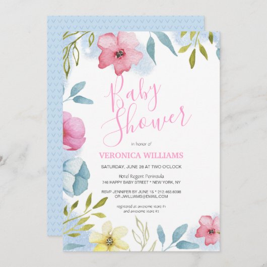 Girls Pink Spring Boho Wasserfarbe Babydusche Einladung (Vorne/Hinten)