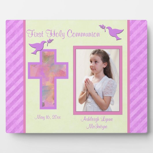 Girl's Pink Striped First Holy Comunion Plaque Fotoplatte (Vorderseite)