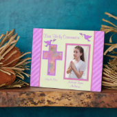 Girl's Pink Striped First Holy Comunion Plaque Fotoplatte (Seite)