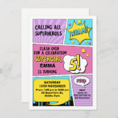Girls Pink Superhero 5. Geburtstag Einladung (Vorne/Hinten)