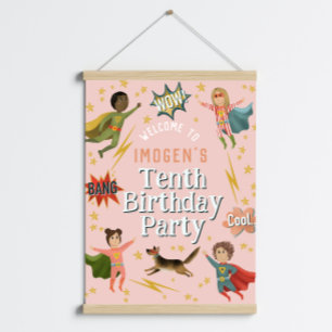 Girls Pink Superhero Kindergeburtstag Begrüßungsze Poster