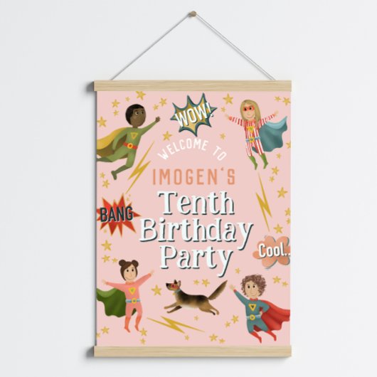 Girls Pink Superhero Kindergeburtstag Begrüßungsze Poster