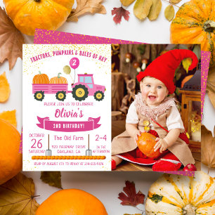 Girls Pink Tractor Pumpkin Fall Geburtstags-Foto Einladung
