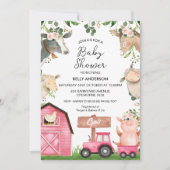 Girls Pink Traktor Barn Farm Baby Dusche Einladung (Vorderseite)