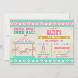 Girl's Pink Turquoise Gold Carousel Party Einladung