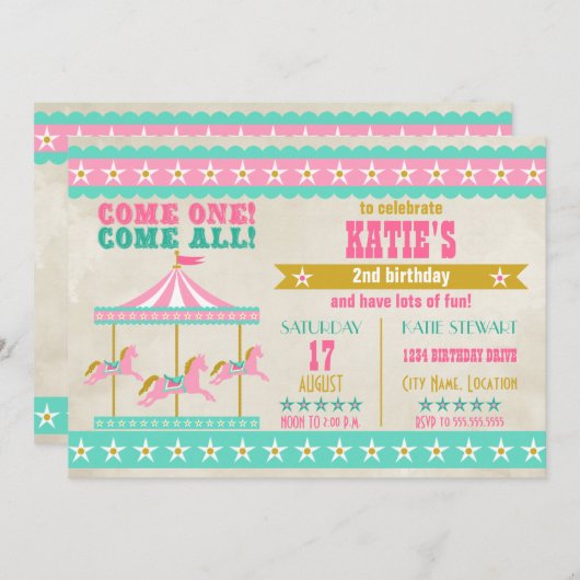 Girl's Pink Turquoise Gold Carousel Party Einladung (Vorne/Hinten)