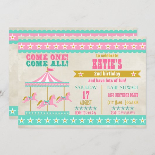 Girl's Pink Turquoise Gold Carousel Party Einladung (Vorne/Hinten)