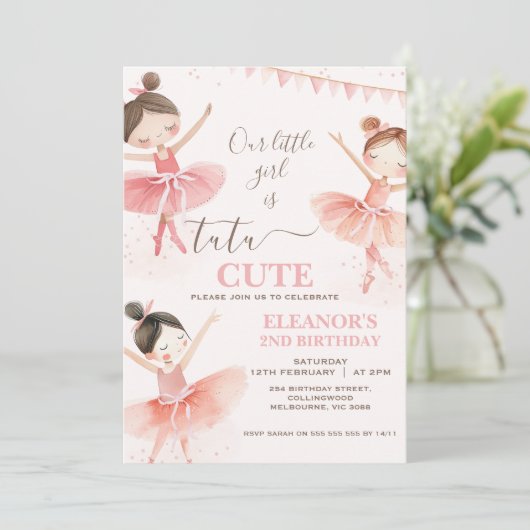 Girls Pink Tutu Ballerina 2. Geburtstag Einladung (Stehend Vorderseite)