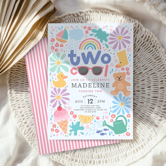 Girls Pink Two Cool Summer Splash Second Birthday Einladung