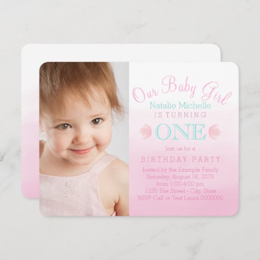 Girls Pink und Aquamarin Blue First Birthday Party Einladung (Vorne/Hinten)
