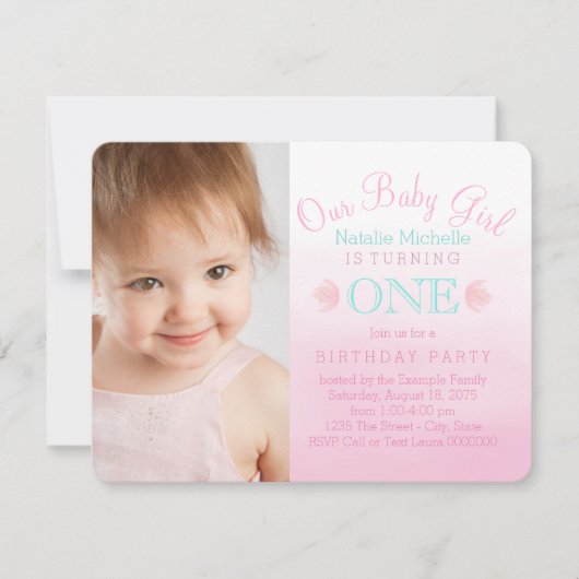 Girls Pink und Aquamarin Blue First Birthday Party Einladung (Vorderseite)