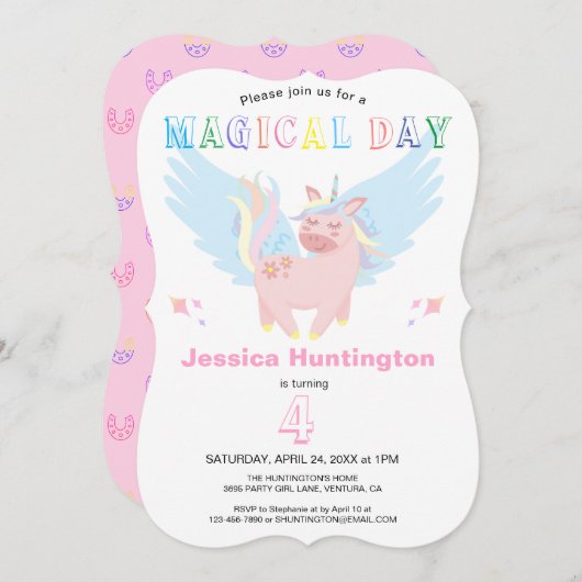 Girls Pink Unicorn Magical Day Birthday Party Einladung (Vorne/Hinten)