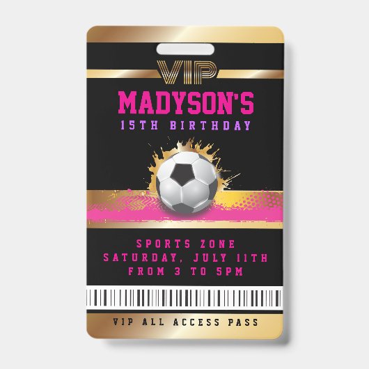Girls Pink VIP SOCCER ALL ACCESS Gold Pass Abzeich Ausweis (Vorderseite)