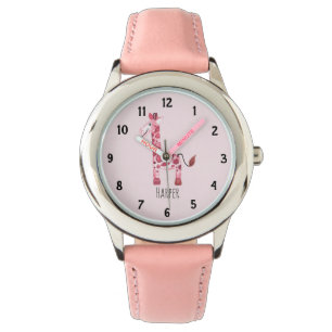 Girl's Pink Watercolor Safari Giraffe und Name Armbanduhr