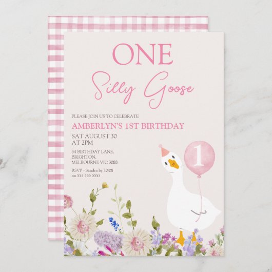 Girls Pink Wildflower One Silly Goose 1st Birthday Einladung (Vorne/Hinten)