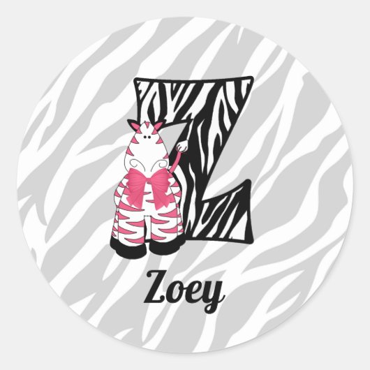 Girls Pink Zebra Letter Z Mit Monogramm Runder Aufkleber (Vorderseite)