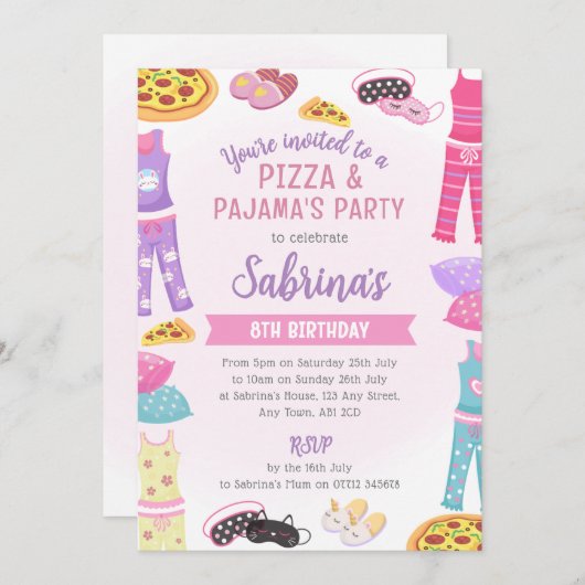 Girls Pizza & Pajama Party Invite - Sleepover Fun Einladung (Vorne/Hinten)