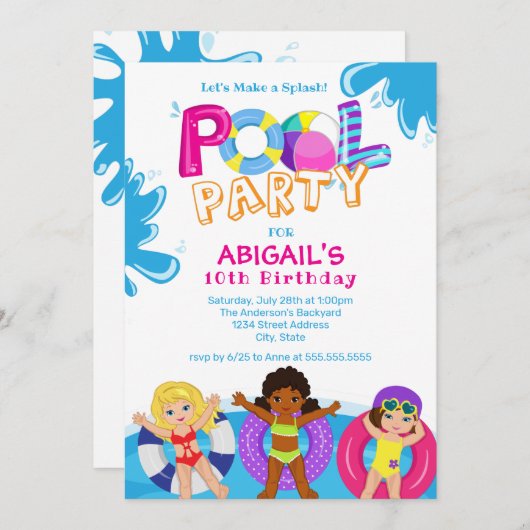 Girls Pool Party 10. Geburtstag Einladung (Vorne/Hinten)