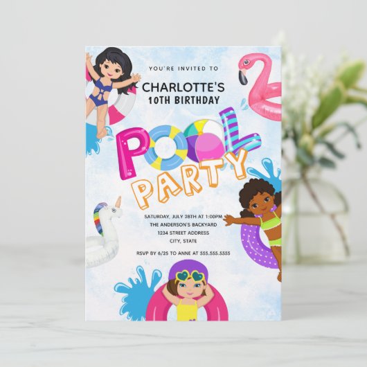 Girls Pool Party 10. Geburtstag Einladung (Stehend Vorderseite)
