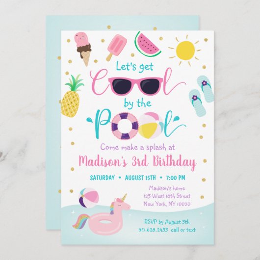 Girls Pool Party Cool Geburtstag Einladung (Vorne/Hinten)