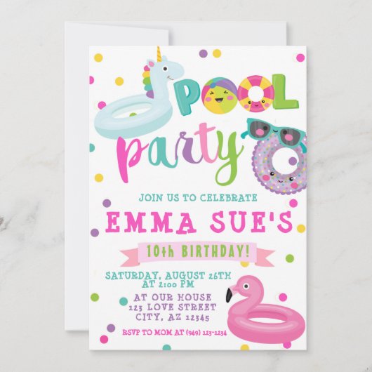 Girl's Pool Party Unicorn Flamingo Float Geburtsta Einladung (Vorderseite)