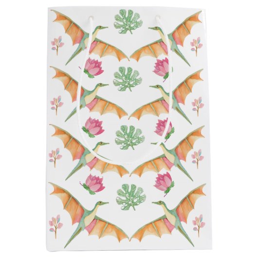 Girls Pretty Dinosaur Birthday Gift Bag Mittlere Geschenktüte (Vorderseite)