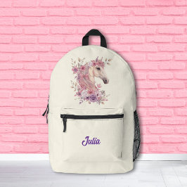 Girls Pretty Ponies Pastel Floral Horse Bedruckter Rucksack