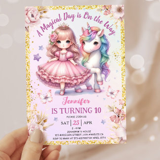 Girls Princess Unicorn 10. Geburtstag Pink Gold Einladung