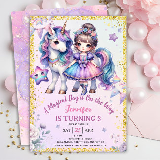 Girls Princess Unicorn 3. Geburtstag Lila Einladung