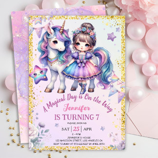 Girls Princess Unicorn 7. Geburtstag Lila Einladung