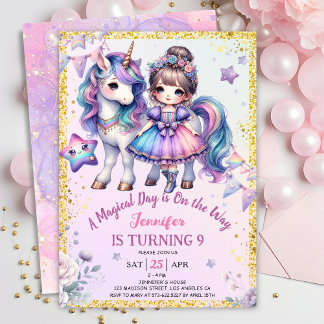 Girls Princess Unicorn 9. Geburtstag Lila Einladung