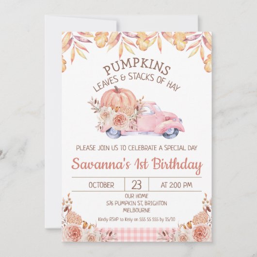 Girls Pumpkin Truck Herbst Blätter Blumengeburt Einladung (Vorderseite)