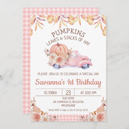 Girls Pumpkin Truck Herbst Blätter Blumengeburt Einladung (Vorne/Hinten)