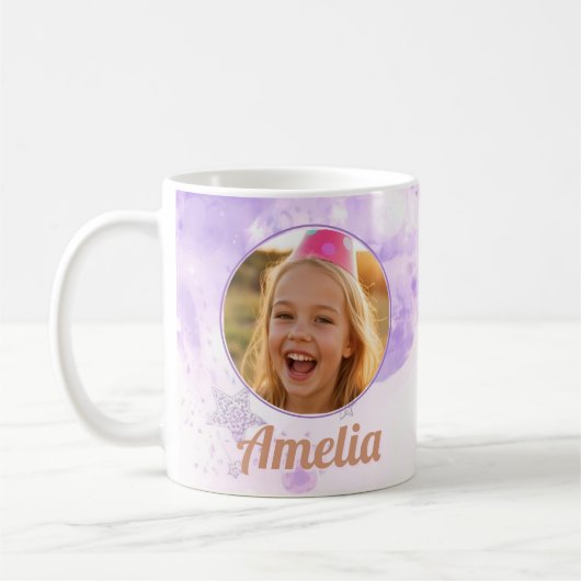 Girls Purple Bubbles Photo Name Birthday Kaffeetasse (Links)