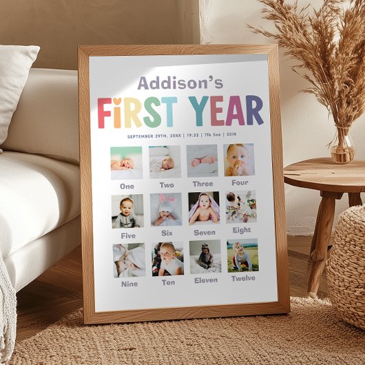 Girls Rainbow First Year Birthday Photo Collage Poster