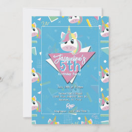 Girls Retro Blue Unicorn Einladung zum Geburtstag