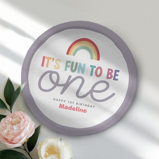 Girls Retro Fun to be One Rainbow 1st Birthday Pappteller