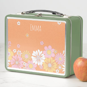 GIrls Retro Pink Floral Kids Metall Brotdose