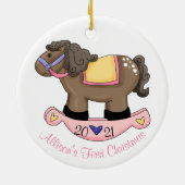 Girls Rocking Horse Baby's First Christmas Keramik Ornament (Hinten)